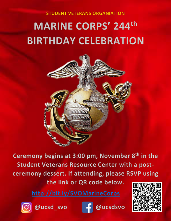 UCSD SVRC event flyer, Marine Corps Birthday Celebration, November 8, 2019 at 3pm