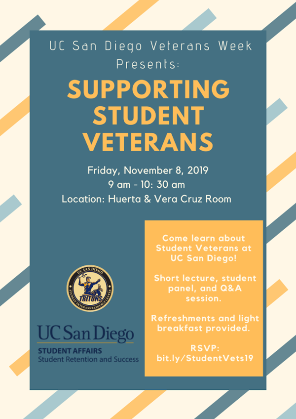 Lecture flyer, UCSD SVRC, Supporting Student Veterans, November 8, 2019, 9-10:30am