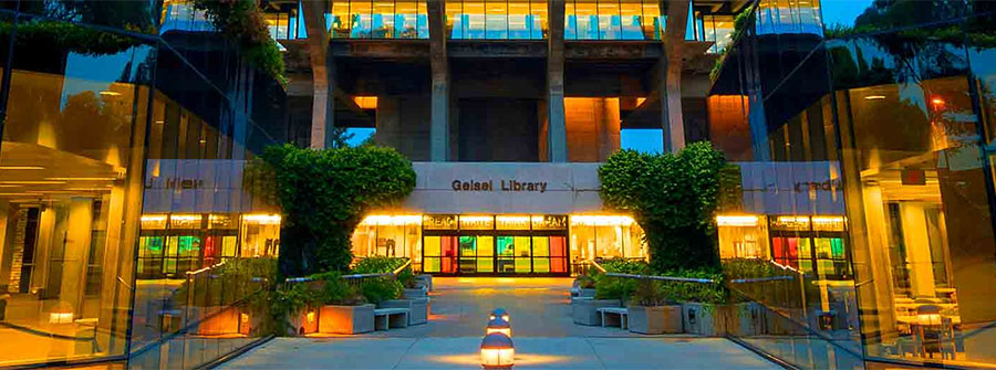 Colorful lighted entry to Geisel Library, UC San Diego